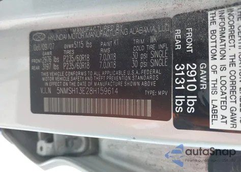 2008 Hyundai Santa Fe Limited/Se z USA, uszkodzony, nr VIN 5NMSH13E28H159614